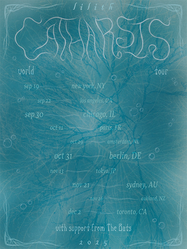 Catharsis tour poster with cities and dates, surrounded by water imagery and algea