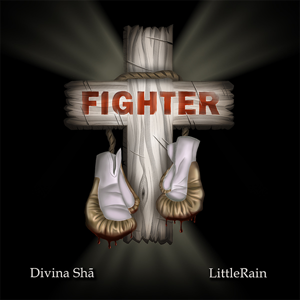 Fighter official album cover, cross with type on it that says 'FIGHTER,' with bloody boxing gloves hanging from the cross
