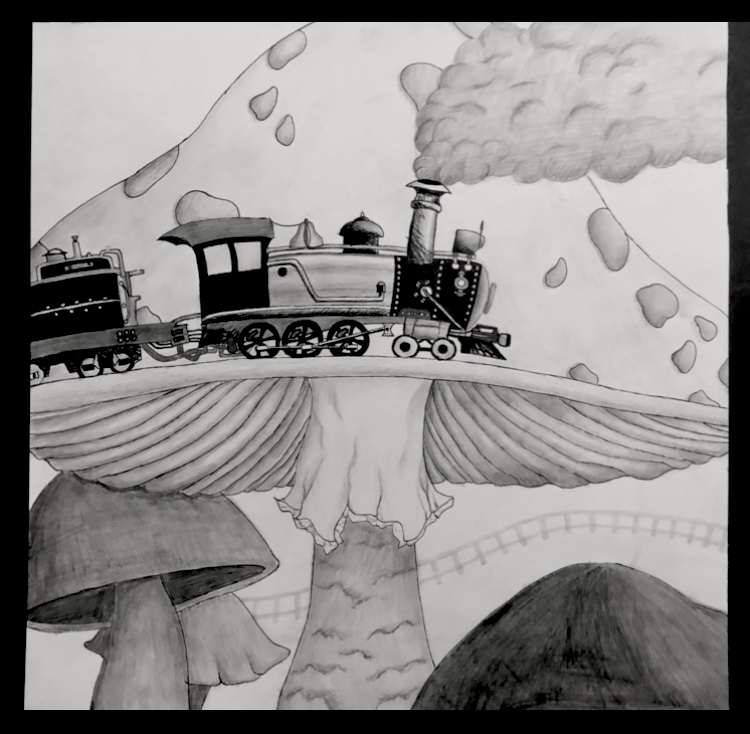 Graphite and Ink Drawing of a Train on a Mushroom