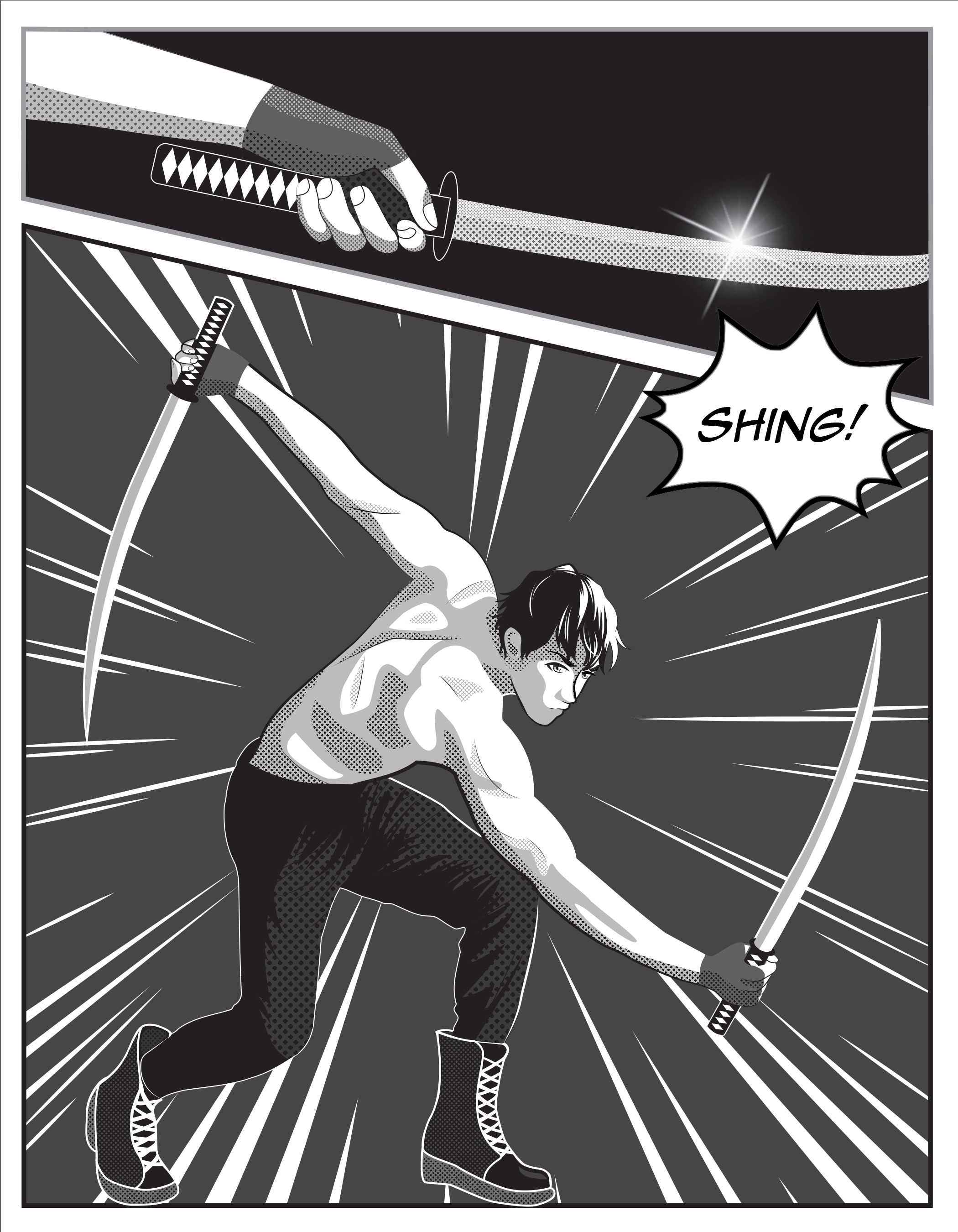 Manga-inspired graphic novel page design and illustration of a man swinging samauri swords