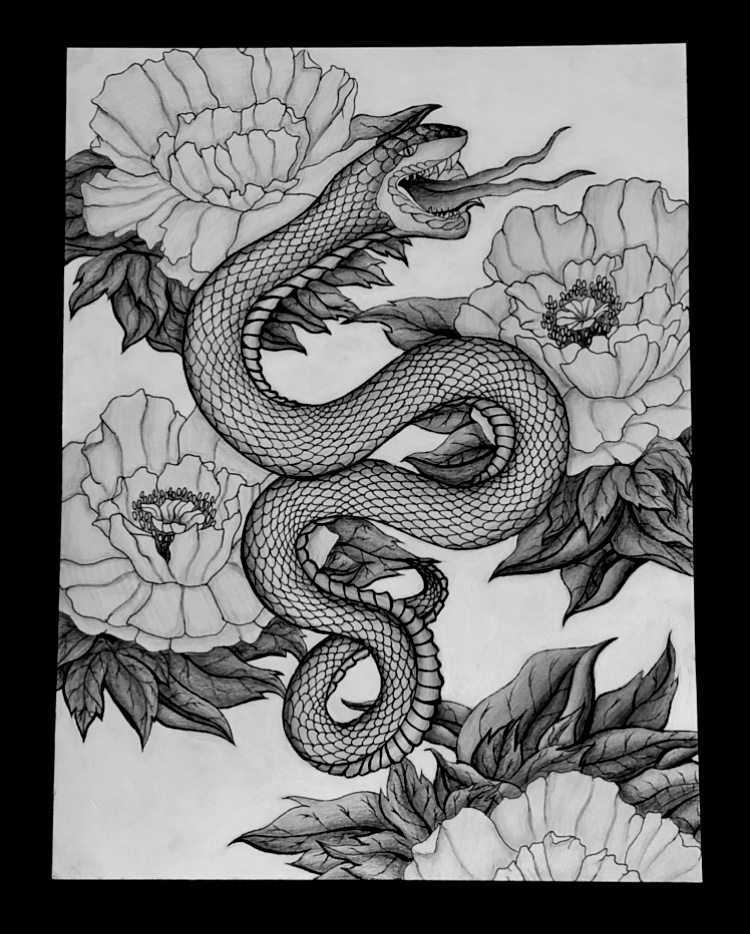 Illustration of a snake showing its fangs in the middle of a few Peonies