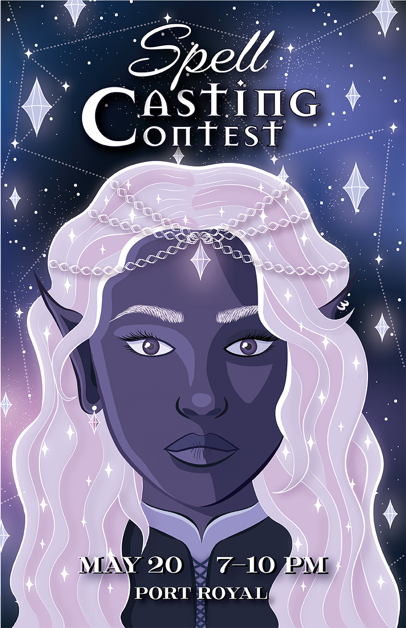 Poster design and portrait illustration of an elf with dark purple skin and pinkish white hair